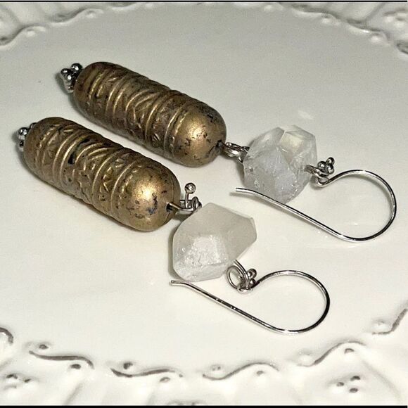 HANDCRAFTED boho chunk moonstone & brass tubal beads earrings - Picture 3 of 8